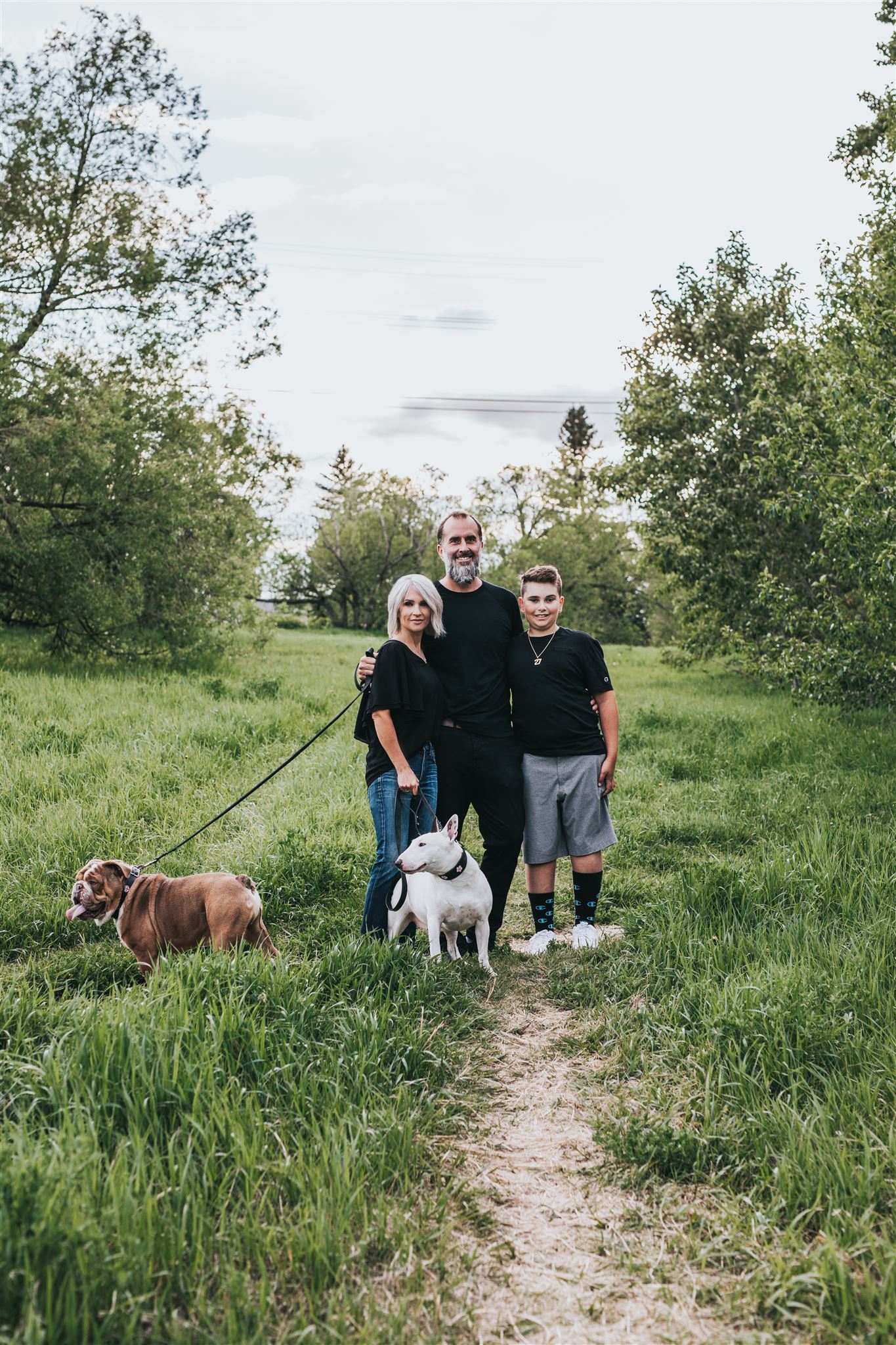 Family of three with Bull Terrier and Bulldog